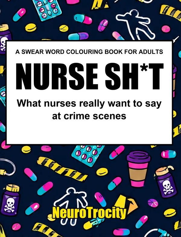 Cover: the title on a white panel over a pattern of pills, coffee cups and crime-scene tape