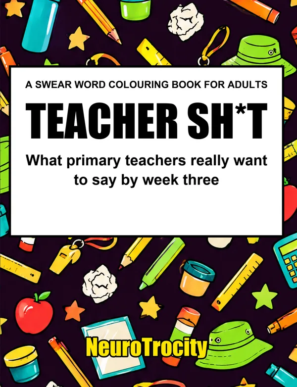 Cover: the title on a white panel over a pattern of pencils, rulers, apples, whistles and bucket hats