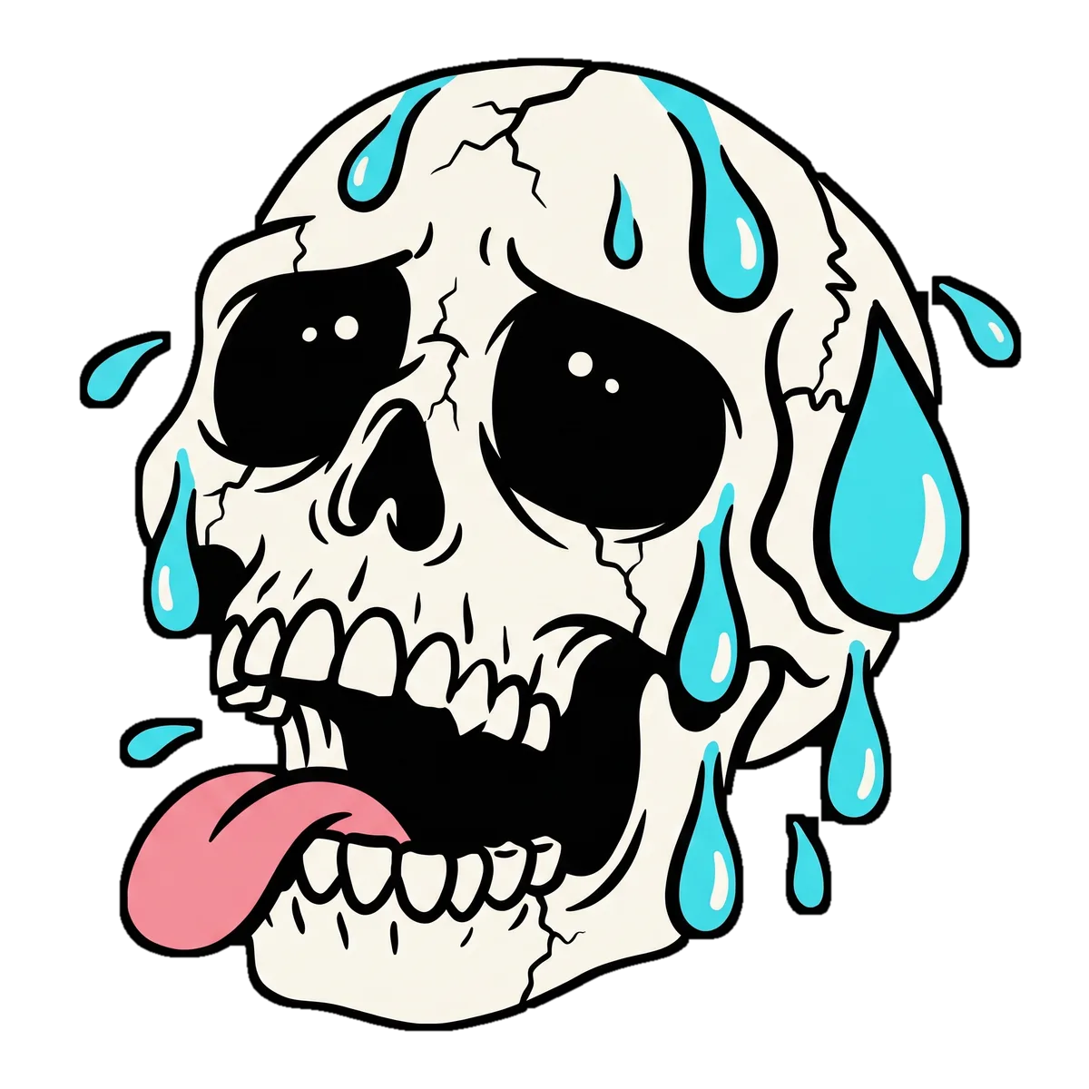 The Before the Beep skull, drawn in thick black ink: cracked, dripping sweat, tongue hanging out