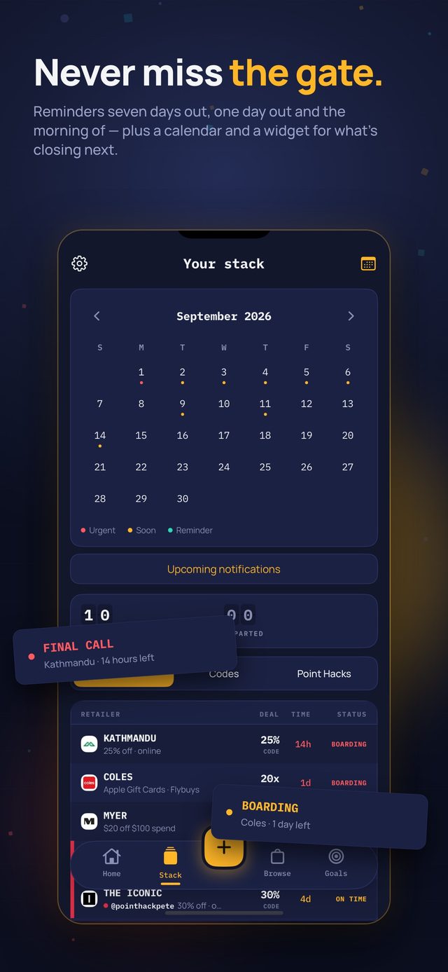 Expiry calendar for September with urgent, soon and reminder markers, plus FINAL CALL and BOARDING notifications.