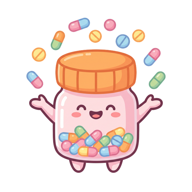 Milli, the DoseTrack mascot, a cheerful pill bottle celebrating