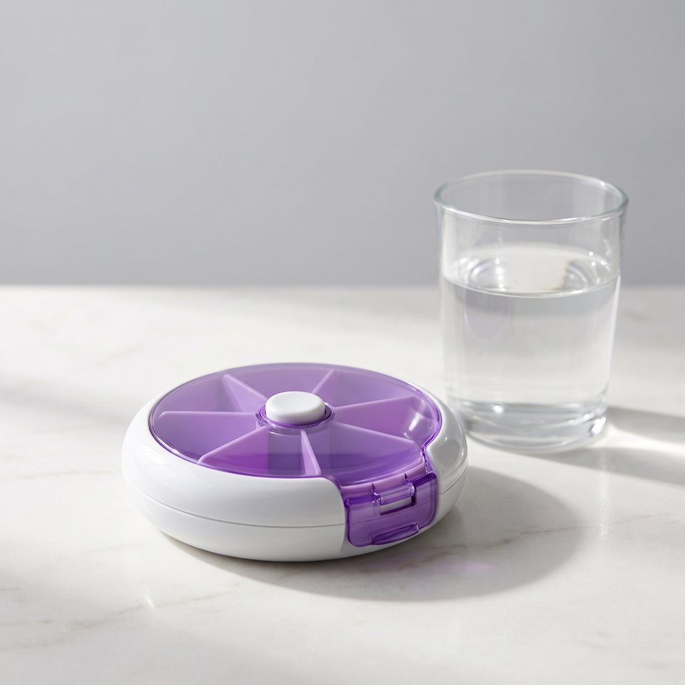 A purple DoseTrack Organiser, a round seven-wedge rotary pill case.