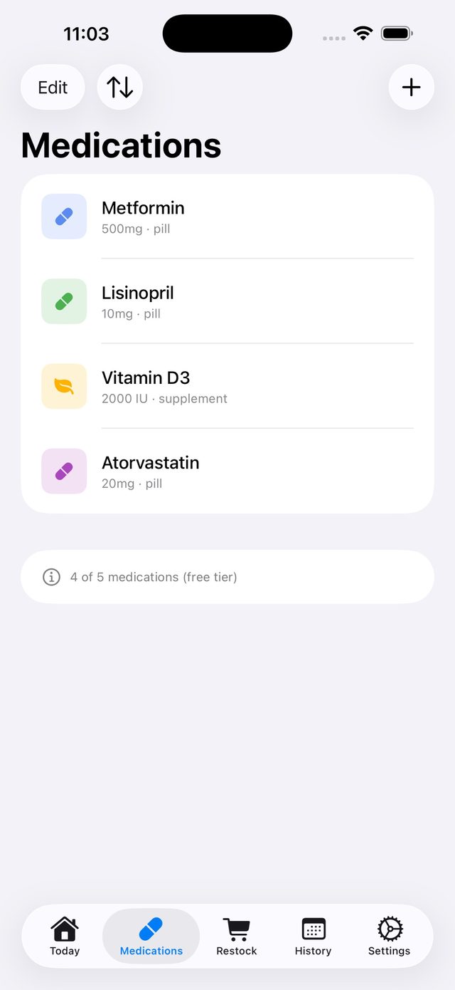 The Medications list showing four colour-coded medications and the free-tier counter.