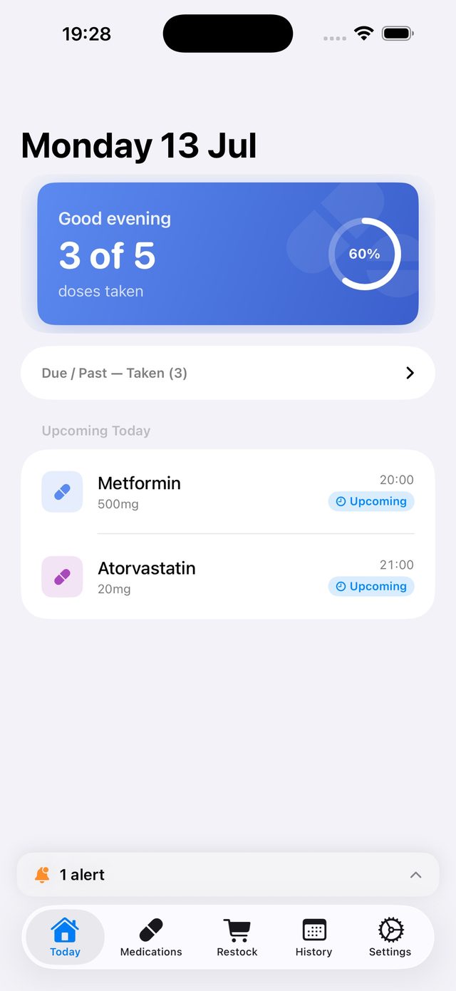 DoseTrack's Today screen showing 3 of 5 doses taken and two upcoming medications.